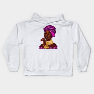 Queen Black is beautiful black girl with Gold bangles, neck ring necklace, purple dress and head wrap, brown eyes and dark brown skin ! Kids Hoodie